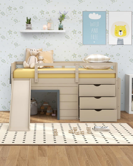Giantex Twin Low Loft Bed with Slide, Solid Wood Twin Loft Bed with Ladder