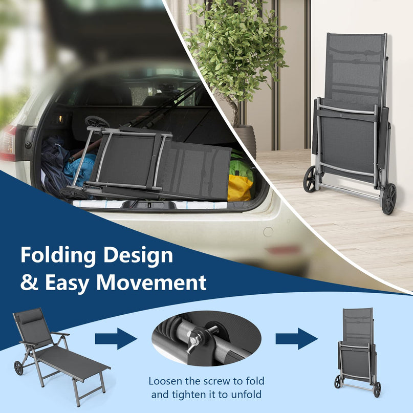 Giantex Chaise Lounge Outdoor Chair- Patio Folding Lounge Chair with Wheels, 7 Adjustable Level