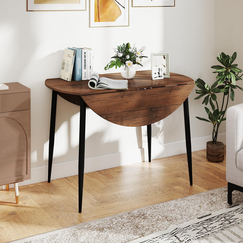 Giantex  43.5" Round Kitchen Table and 4 Upholstered Dining Chairs with Drop Leaf Tabletop