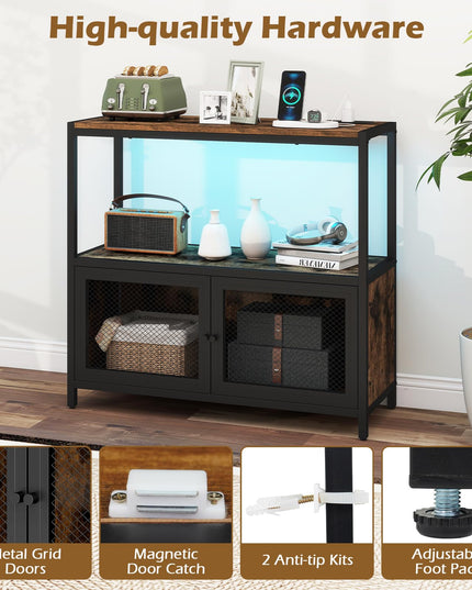 Giantex Wine Cabinet with LED Lights | Industrial Buffet Sideboard w/Charging Station