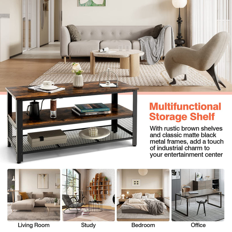 Giantex TV Stand for TV up to 50 Inches, 43.5 inch Wood Industrial TV Cabinet with 3-Tier Storage Shelves, Rustic Brown