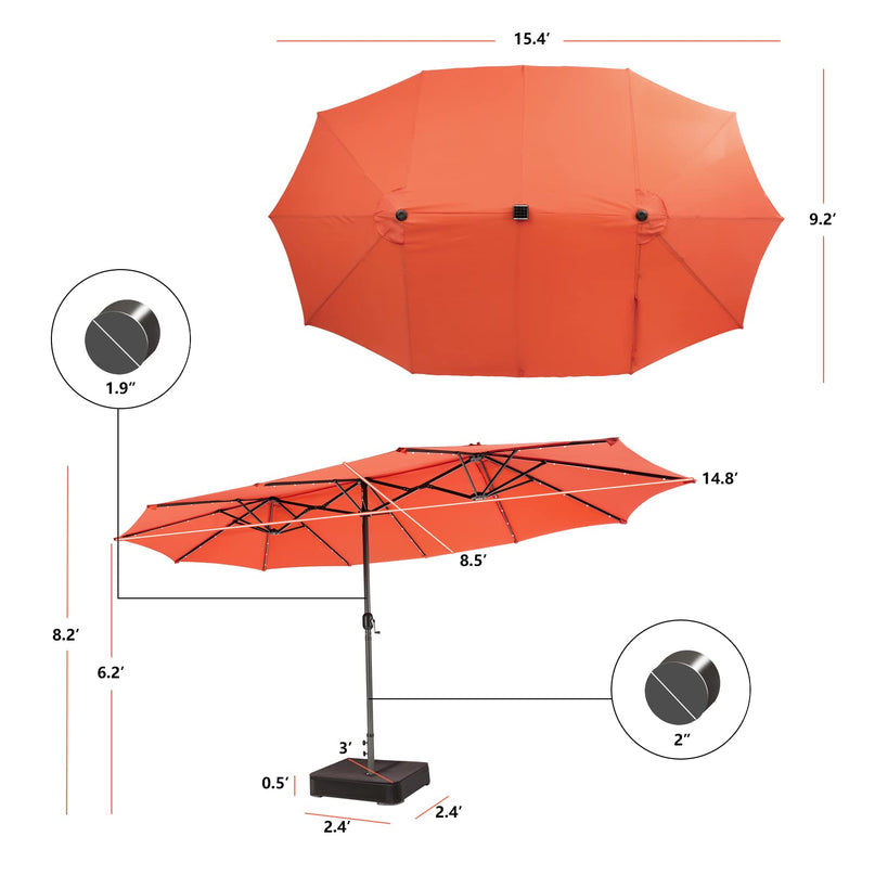 15ft Large Outdoor Umbrella Double-Sided, 48 Solar Lights, Auto-Charging Solar Panel
