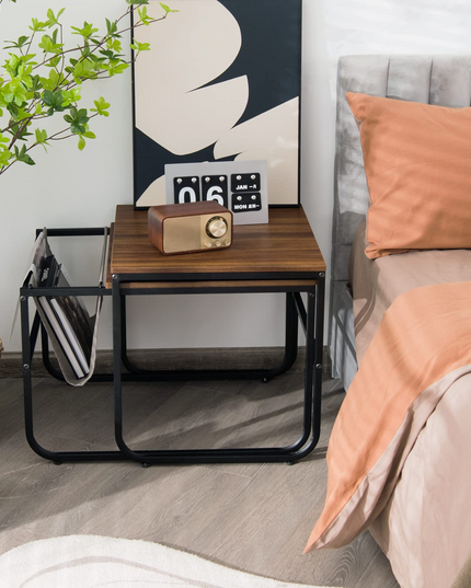 Nesting Coffee Table Set of 2, Stackable Side Table w/Side Pocket