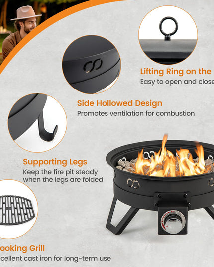 Giantex Portable Propane Fire Pit, 17" Small Outdoor Fire Bowl with Foldable Legs, Round Fireplace with Lid