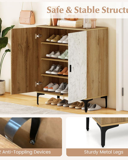 Giantex 4-Tier Wooden Shoe Rack Cabinet W/Marble Pattern Doors for Entryway Hallway