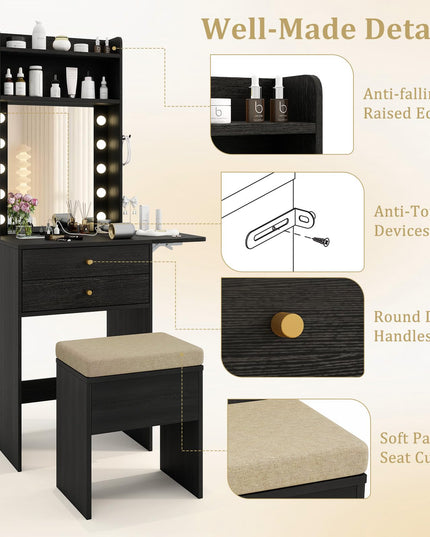 CHARMAID Small Vanity Desk with Mirror and Lights, Makeup Vanity Table with Charging Station, Drawers, Shelves, Foldable Side Table
