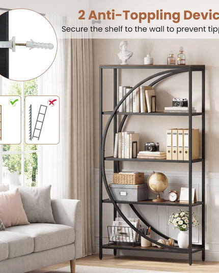 Giantex 5-Tier Bookshelf | 65" Tall Industrial Etagere Bookcase with Half-Moon Shape