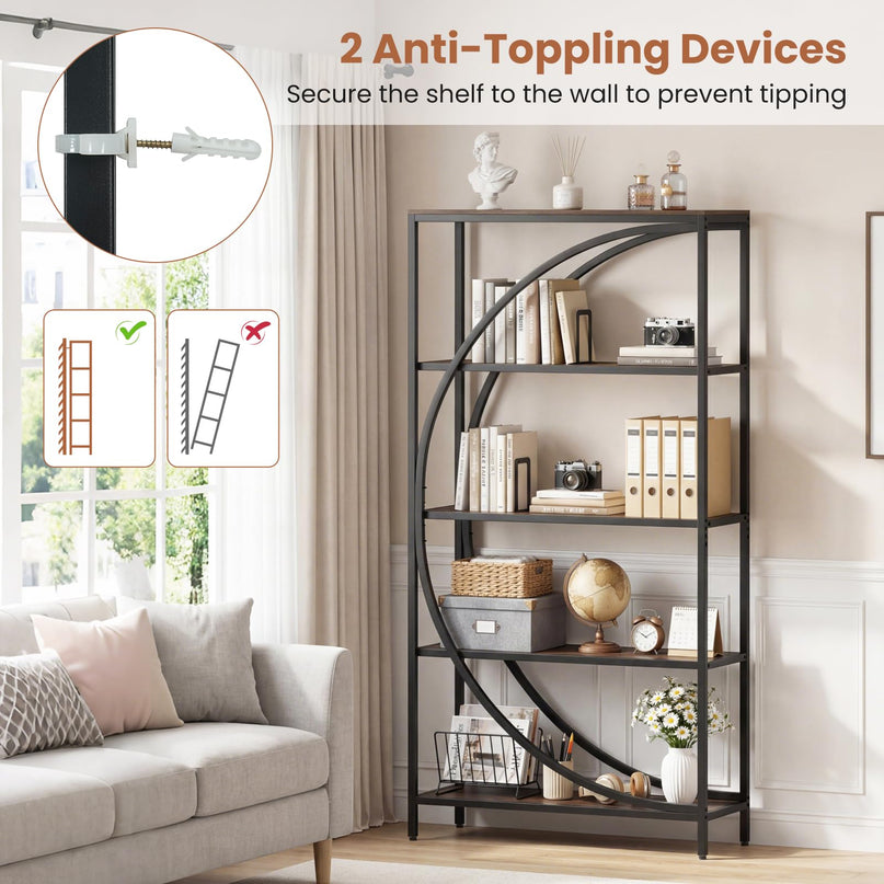 Giantex 5-Tier Bookshelf | 65" Tall Industrial Etagere Bookcase with Half-Moon Shape