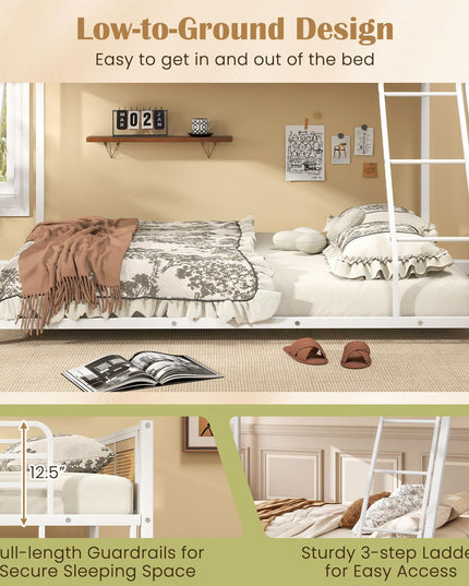 Giantex Twin Over Full Metal Bunk Bed Boho Rattan Floor Bunkbeds