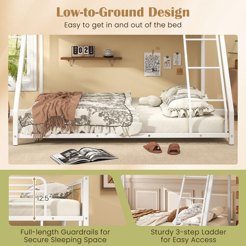 Giantex Twin Over Full Metal Bunk Bed Boho Rattan Floor Bunkbeds