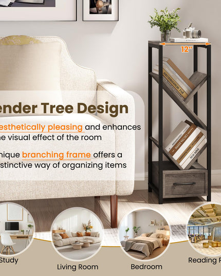 Giantex Tree Bookshelf with Drawer, 4-Tier Narrow Bookcase with Metal Frame, Tall Floor Standing Storage Organizer for Small Space
