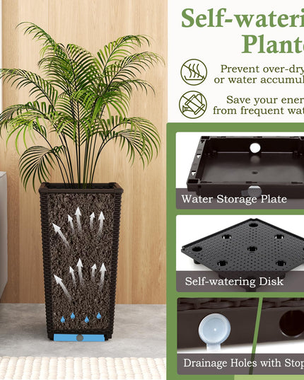Giantex Set of 2 Outdoor Wicker Flower Pot, 23 Inch Tall Planters with Drainage Hole, Self-Watering Tray