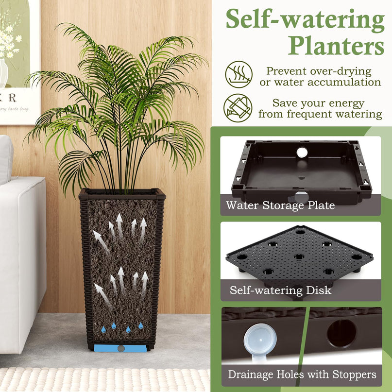 Giantex Set of 2 Outdoor Wicker Flower Pot, 23 Inch Tall Planters with Drainage Hole, Self-Watering Tray