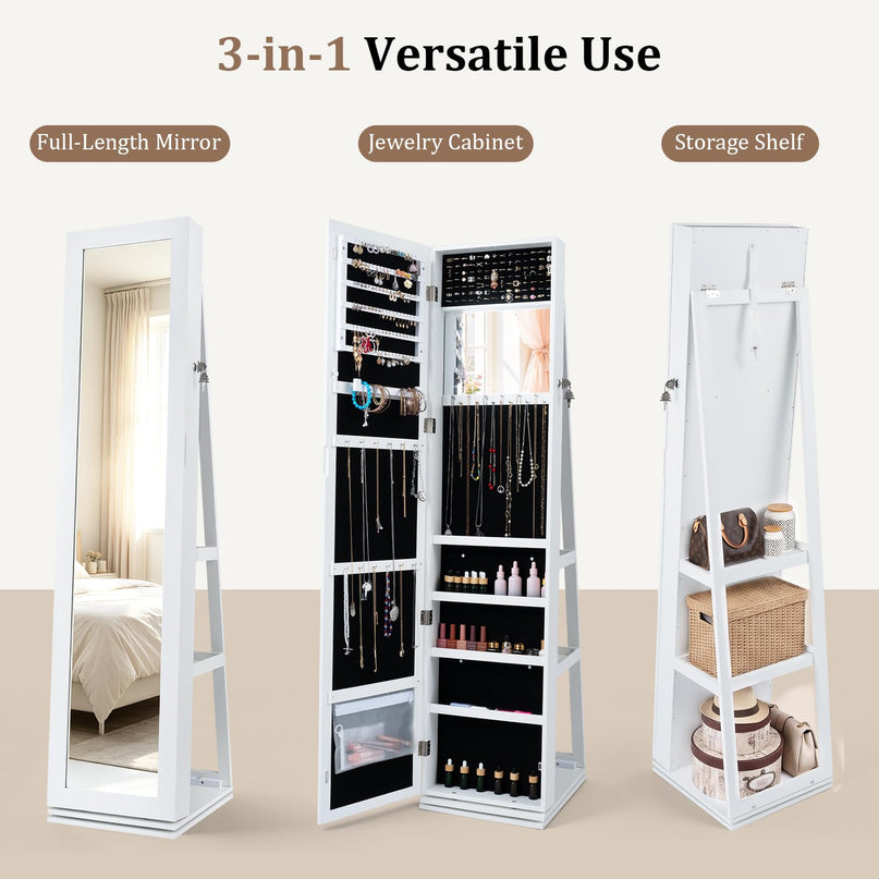 CHARMAID Lockable Standing Swivel Jewelry Armoire with Full Length Mirror