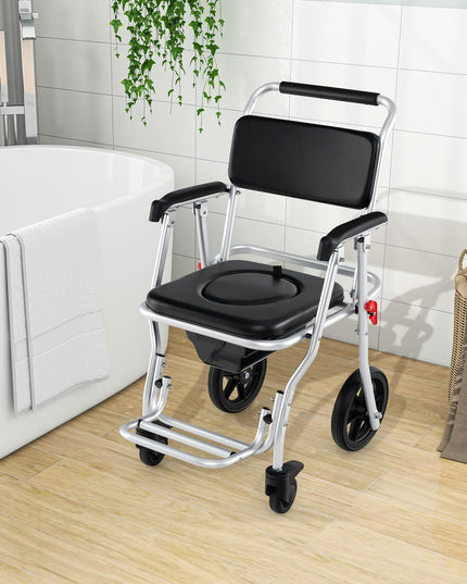 Giantex Bedside Commode Wheelchair for Toilet - Foldable Shower Chair with Arms, Lockable Casters