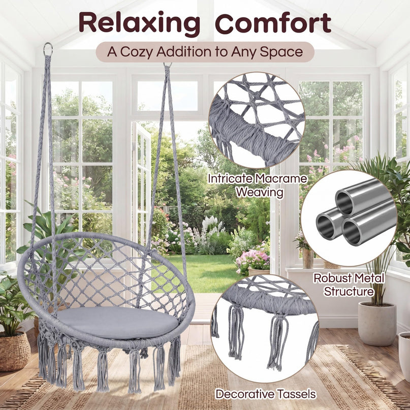 Giantex Hammock Chair Macrame Swing with Round Seat Cushion and Hardware Kit