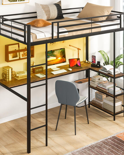 Giantex Twin Loft Bed with L-Shaped Desk, Metal Loft Bed Frame with LED Lights