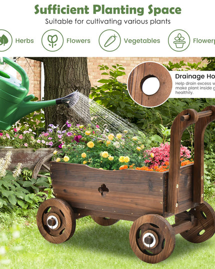 Giantex Wooden Wagon Planter Raised Bed on Wheels, Handle, Drainage Hole