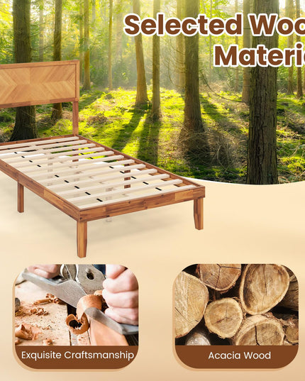 Giantex Wood Twin Bed/Full Size Bed/Queen Bed Frames with Headboard, Solid Acacia Wood Platform Bed with 12 Strong Wooden Slat Support