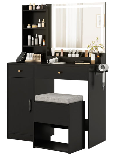 CHARMAID Vanity Desk with Mirror and Lights, Makeup Vanity Desk with Drawers, Shelves, Side Cabinet