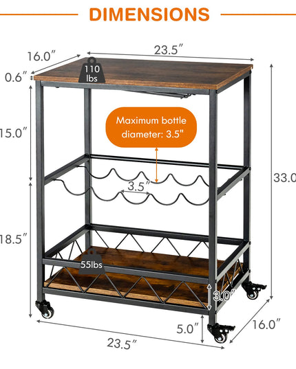 3-Tier Rolling Kitchen Island Cart Industrial Style Trolley Serving Cart