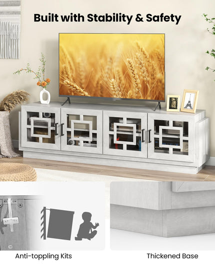 Giantex Farmhouse TV Stand for TVs up to 75”, 4-Door Glass Entertainment Center with 2 Cabinets