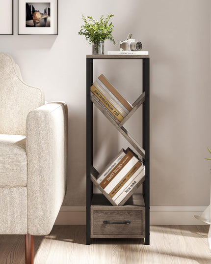 Giantex Tree Bookshelf with Drawer, 4-Tier Narrow Bookcase with Metal Frame, Tall Floor Standing Storage Organizer for Small Space