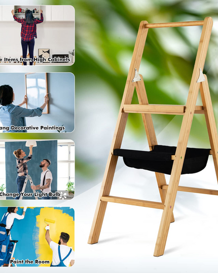 100% Bamboo Folding Step Stool with Handrail | 3 Step Ladder
