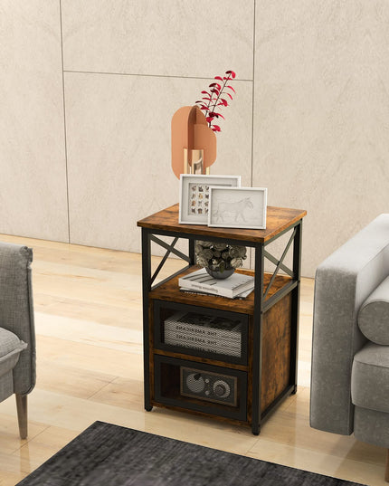 Giantex Modern Nightstand Set of 2, Industrial End Side Table with 2 Mesh Flip Drawers,Rustic Brown