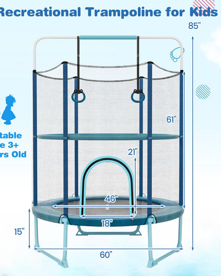 Giantex 60" Trampoline for Kids, 5 Ft Toddler Trampoline with Net, 85" Height Mini Trampoline with Detachable Ring and Horizontal Bar