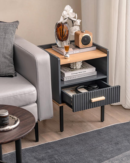 Giantex Modern Nightstand with Drawer - Bedside Table with Open Shelf, Gray