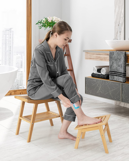 Bamboo Shower Bench with Foot Stool, Shower Seat Bench with Underneath Storage Shelf