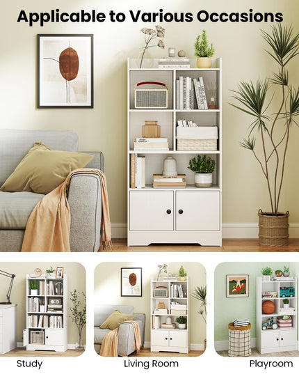 Giantex 4-Tier Bookcase with Doors, Small Bookshelf with 5 Cubbies and 2 Cabinets, White Freestanding Bookshelf