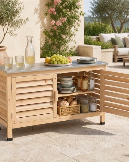 Giantex Fir Wood Outdoor Cabinet with Stainless Steel Countertop