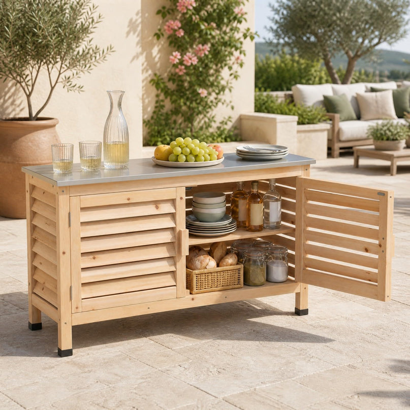 Giantex Fir Wood Outdoor Cabinet with Stainless Steel Countertop