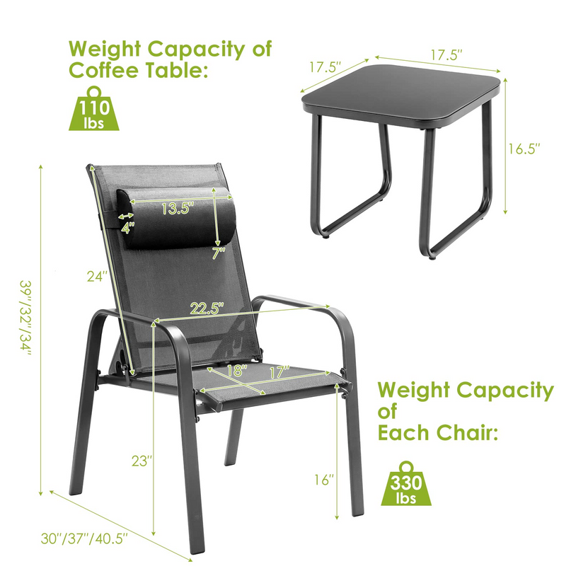 Giantex Stackable Patio Chairs with Adjustable Backrest Headrest, 3 Pieces