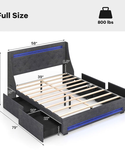 Giantex Bed Frame with LED Lights & Charging Station, Upholstered Platform Bed with Wingback Headboard