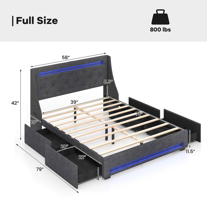 Giantex Bed Frame with LED Lights & Charging Station, Upholstered Platform Bed with Wingback Headboard