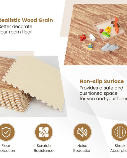 Giantex 100 Sq. Ft Wood Grain Floor Tiles Foam Mat, 25 PCS 24'' x 24'' Puzzle Exercise Mats with Borders