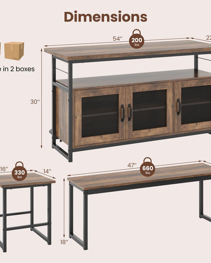 Giantex Dining Table Set for 4, Kitchen Island with Seating Bench & Stools, Storage Cabinet, 3-Position Adjustable Shelves