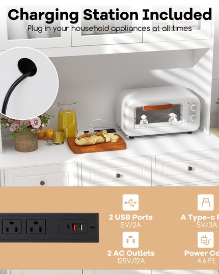 Giantex Pantry Cabinet, 77” Tall Buffet Cabinet with Hutch, LED Lights & Charging Station