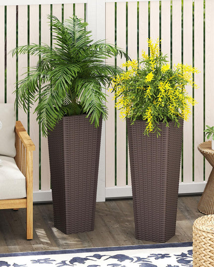 Giantex Rattan Tall Planter Set of 2 Outdoor Large Tapered Planters with Removable Inner Trays