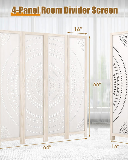 Giantex Room Divider 4 Panels - 66'' Boho Room Dividers with Carved Pattern & Solid Wood Frame