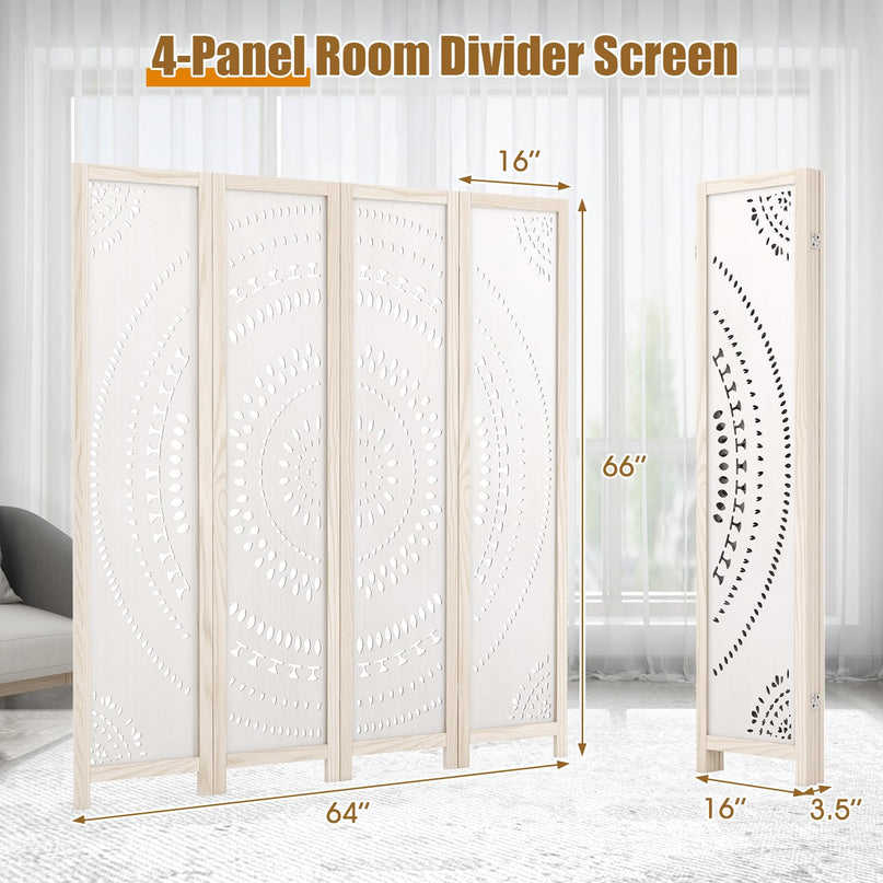 Giantex Room Divider 4 Panels - 66'' Boho Room Dividers with Carved Pattern & Solid Wood Frame