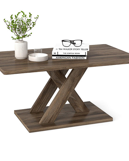 Giantex 37.5 Inch Wood Farmhouse Coffee Table with Stable Base & Rubber Wood Connection