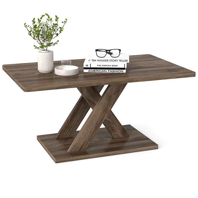 Giantex 37.5 Inch Wood Farmhouse Coffee Table with Stable Base & Rubber Wood Connection