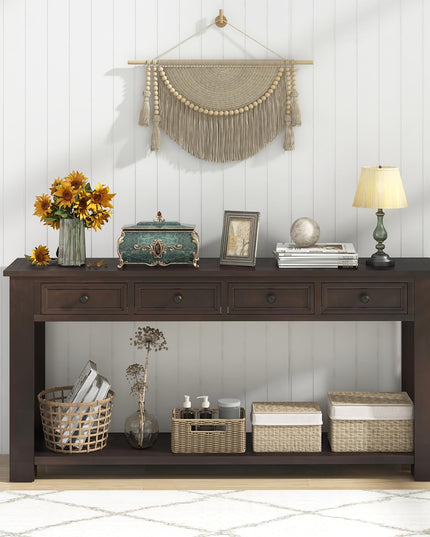 Giantex 63" Farmhouse Entryway Table, Narrow Console Table w/ 4 Storage Drawers & Open Shelf
