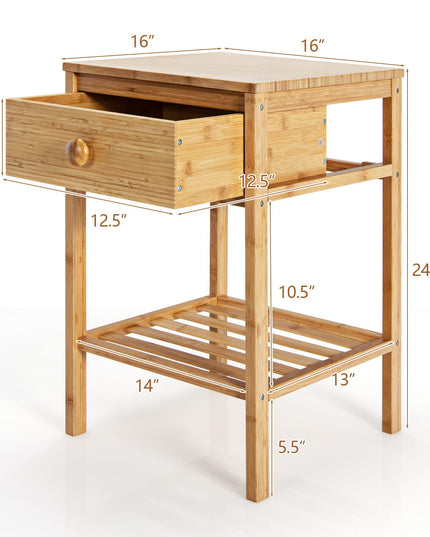 Giantex Nightstand Bamboo Bedside Table with Drawer, Open Shelf, Multifunctional Side Table