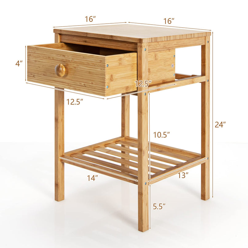Giantex Nightstand Bamboo Bedside Table with Drawer, Open Shelf, Multifunctional Side Table
