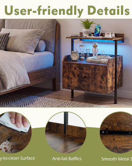 Giantex Nightstand w/Charging Station & LED Light for Bedroom Living Room Study